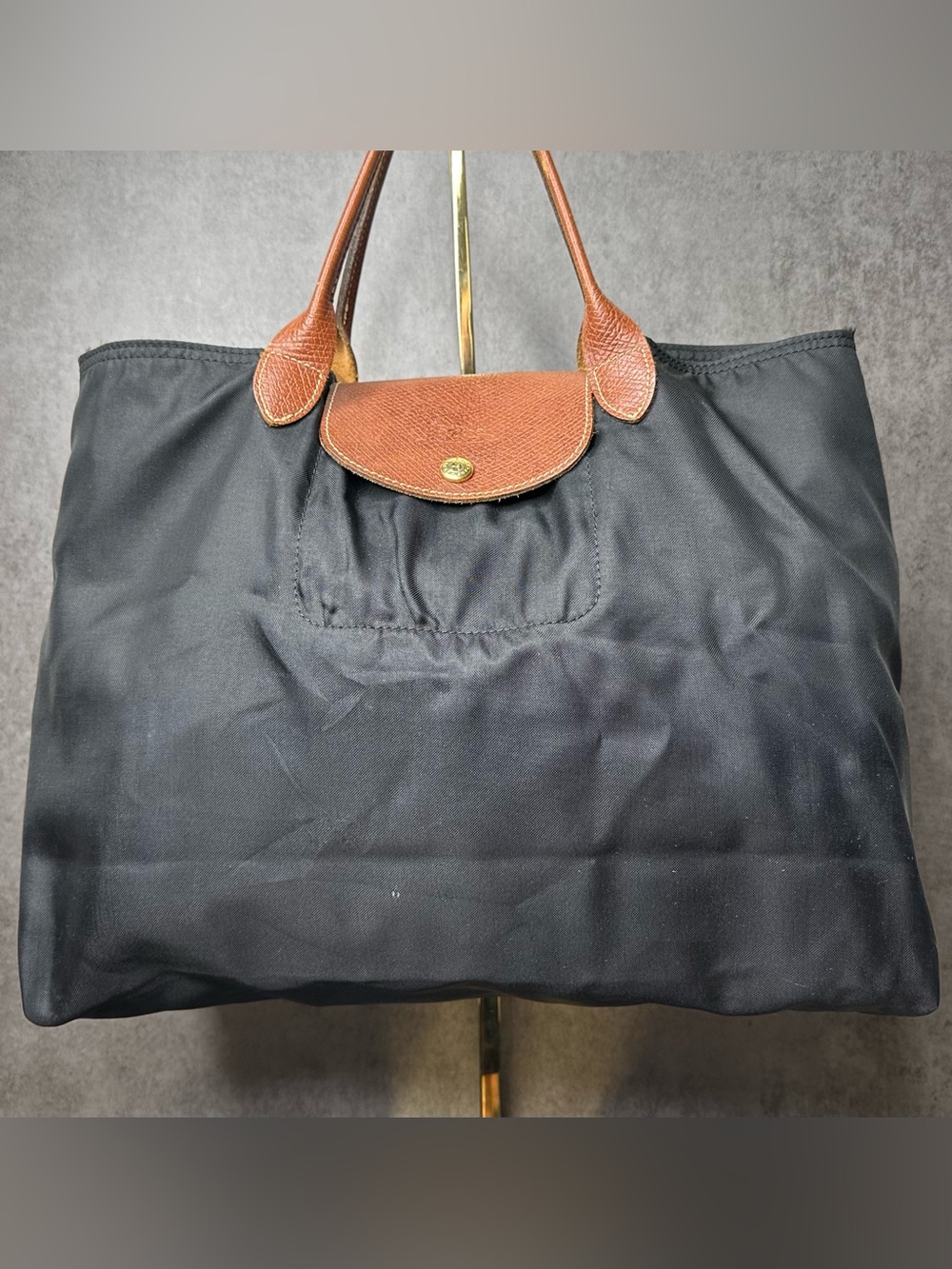 Longchamp Black Nylon Tote with Brown Leather Trim